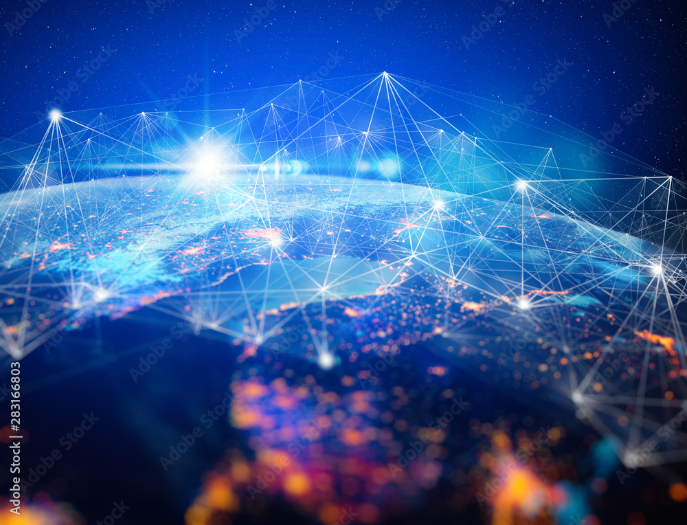 Poster Communication technology for internet business. Global world network and telecommunication on earth cryptocurrency and blockchain and IoT. Elements of this image furnished by NASA