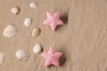 Fototapeta na wymiar Dream of a combination of white seashells and decorative colored stars on a sandy beach background