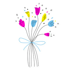 Naklejka premium Cute bouquet of multicolor flowers in doodle style. Simple vector illustration for birthday, anniversary celebration, Mother's Day decoration. Isolated flat clipart for greeting card, party invitation