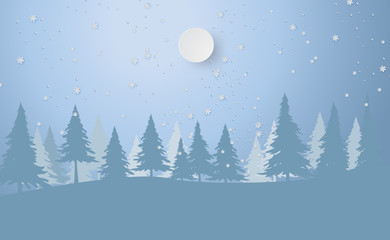 Scenery Merry Christmas and New Year on holidays background with forest winter snowflakes season landscape.Creative snowfall and full moon paper art and cut for card and postcard Vector Illustration.