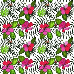 Selbstklebende Fototapeten tropical flowers, leaves. seamless pattern. eps 10 vector illustration. hand drawing © Yevheniia