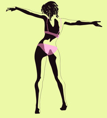 silhouette of a woman from the back with a short haircut and a bathing suit (and without), playful pose, arms to the sides