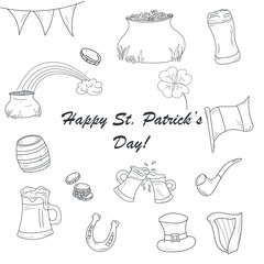 St. Patick's day doodle vector set, isolated icons.