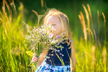cute little girl plays outdoors at sunset, holds a bouquet of wildflowers and walks around the...