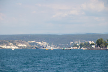 Sevastopol Bay in the summer in sunny weather. Crimea, Russia. A lot of boats and ships. Bay for boats.