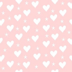 Fototapeta na wymiar Seamless pattern with hearts and stars light pink background, shiny hearts