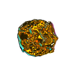 Spot of Liquid Gold with Neon Reflections. Template of Golden Seal Stemp. 3D Illustration Isolated on a White Background.