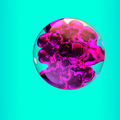 Crystal Sphere with the Beautiful Pink and Purple Liquid Substance Inside. 3D Illustration Isolated on a Turquoise Background.