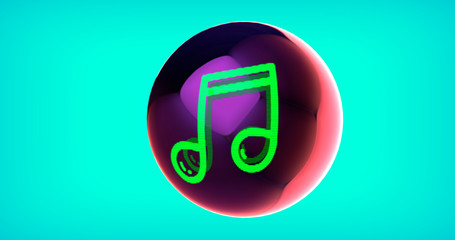 Green Neon Music Note Icon on The Abstract Flying Spherical Display. 3D Illustration of Notes, Music, Audio Icon with Copy-Space. Isolated on a Turquoise Background.