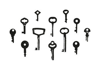 Vector collection of stamp keys. Monochrome textured illustration. Set of black elements isolated on white background