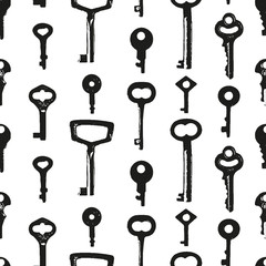 Vector seamless pattern of stamp keys. Black elements isolated on white background. Monochrome textured illustration can be used for wallpaper, book cover, website banner, wrapping, fabric textile
