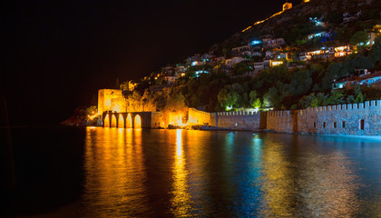 Fototapeta na wymiar Night view of ancient shipyard - Alanya, Turkey