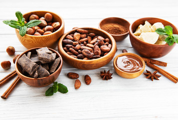 Cocoa beans, butter and chocolate