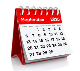 September 2020 Calendar. Isolated on White Background. 3D Illustration