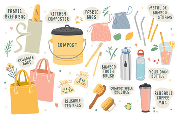 Collection of hand drawn zero waste elements. Ecological lifestyle vector illustrations in modern trendy flat cartoon style. Reusable bags, brushes and bottles, kitchen composter, isolated on white.