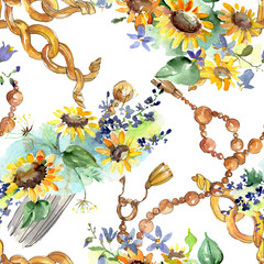 Bouquet with sunflowers floral botanical flowers. Watercolor background illustration set. Seamless background pattern.