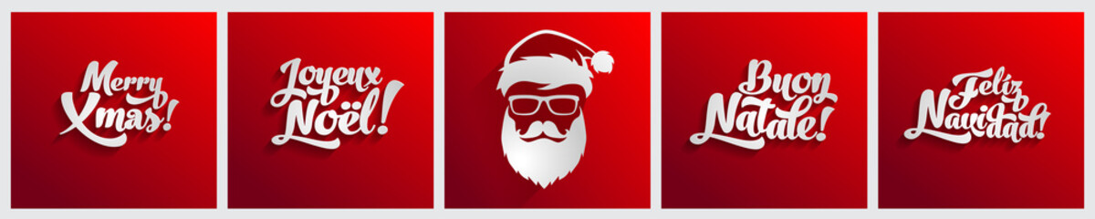 Merry Christmas text on english, french, spanish and italian languages flat design red greeting card logo template bundle set.  Joyeux noel. Feliz navidad. Buon natale.