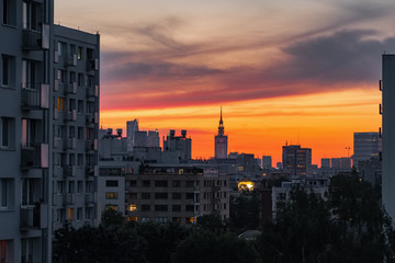 Warsaw skyline with Palace of Culture and Science at sunset