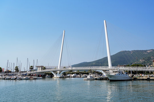 famous pedestrian bridge (Thaon di Revel City Bridge) to the Porto Mirabello the yacht harbour of the capital city La Spezia, Liguria, Italy