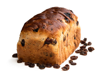 Sliced Irish fruit loaf with sultanas and cherries isolated on white