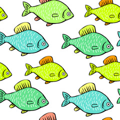 Green fish on a white background. Seamless background with blue and green fish. 