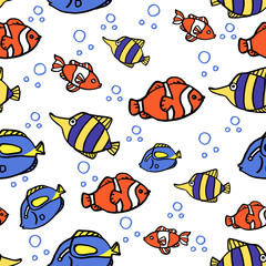 Seamless background with blue and pink ocean fish on blue background. Cartoon background with fish.