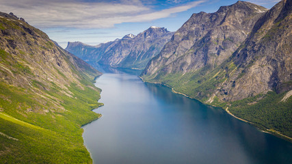 The fjord. Waterfall. Norway. Aerial view