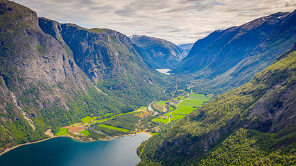 Naklejka na ściany i meble The fjord. Waterfall. Norway. Aerial view