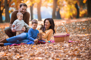 Happy family of four having fun together in the park in autumn