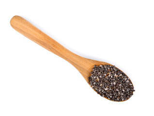 chia seeds in wood spoon on white background