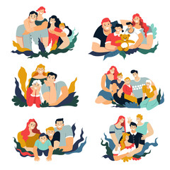 Family portraits, mother and father, son and daughter, isolated characters group