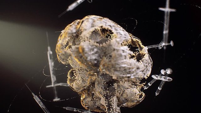 Stock motion graphics video shows a brain forming in the middle of rotating syringes.