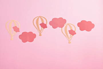 Mock up with pink paper clouds and flying balloons