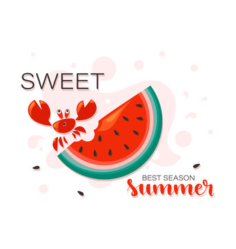 Cute crab on a slice of ripe watermelon. SWEET SUMMER. Fresh red watermelon, red crab and the inscription. The concept of summer zora rest and food.