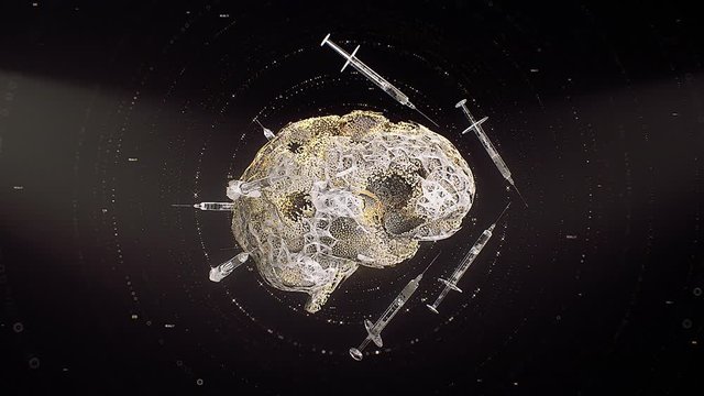 Stock motion graphics video shows particles forming a human brain as syringes spin while surrounding it