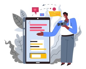 Guy making review on mobile device, blogger with video camera