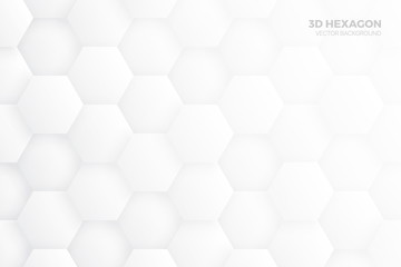 Fototapeta premium 3D Hexagon Blocks Structure White Vector Abstract Background. Three Dimensional Science Technologic Hexagonal Pattern Light Conceptual Minimalist Illustration. Clear Blank Subtle Textured Backdrop