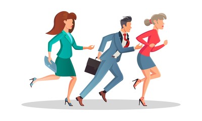 Business people are late and hurry up. Men and women running in the same direction to work, meeting in morning. Motivation, competition, deadline, sale concept. Vector cartoon isolated on white.