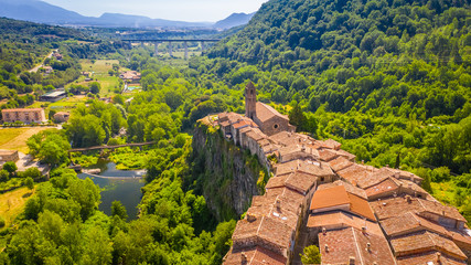 Castellfollit de la Roca. Castle on the rock. Spain. Aerial view