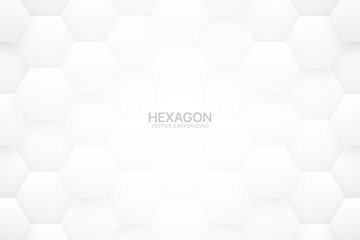 3D Vector Technologic Hexagonal Blocks White Abstract Background. Scientific Tech Hexagon Grid Pattern Light Conceptual Wallpaper. Three Dimensional Clear Blank Subtle Textured Backdrop