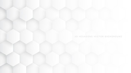 Technologic 3D Vector Hexagon Blocks White Abstract Background. Conceptual Sci-fi Hexagonal Structure Pattern Minimalist Light Wallpaper. Clear Blank Subtle Textured Banner Backdrop