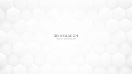 3D Vector Technological Hexagon Pattern White Abstract Background.  Hexagonal Structure Abstract White Background. Sci-Fi Abstract White Wallpaper. Clear Blank Subtle Light White Texture