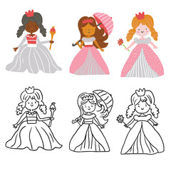 vector set of cute princesses for coloring book