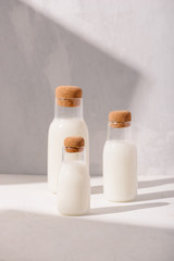 Milk or cocktail creative concept, minimalism styled, angle view, space for a text.