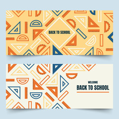 Back to school banners with simplified rulers, semicircle protractors and triangular set squares on plain background