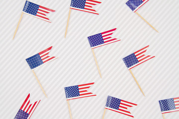 Abstract background with Festive table decoration with american flags accessories. Patriotism, holidays concept