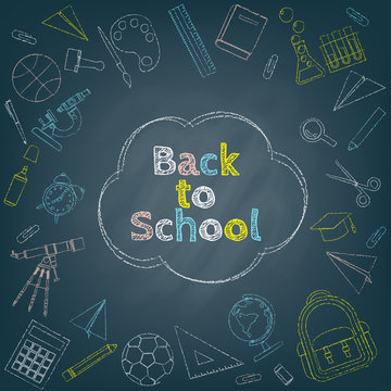 Back to school background surrounded by colorful chalk drawing of stationery, course and school items on black chalkboard