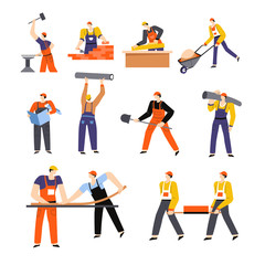 Fototapeta na wymiar Building or construction works, builders and engineers with equipment isolated characters