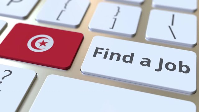 FIND A JOB text and flag of Tunisia on the buttons on the computer keyboard. Employment related conceptual 3D animation