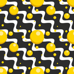 Abstract cool colored background. Fun seamless pattern with gold bubbles on black and white waves in vector. Design element can be used for digital wallpaper, web banner, card, blank, cover, wrapping